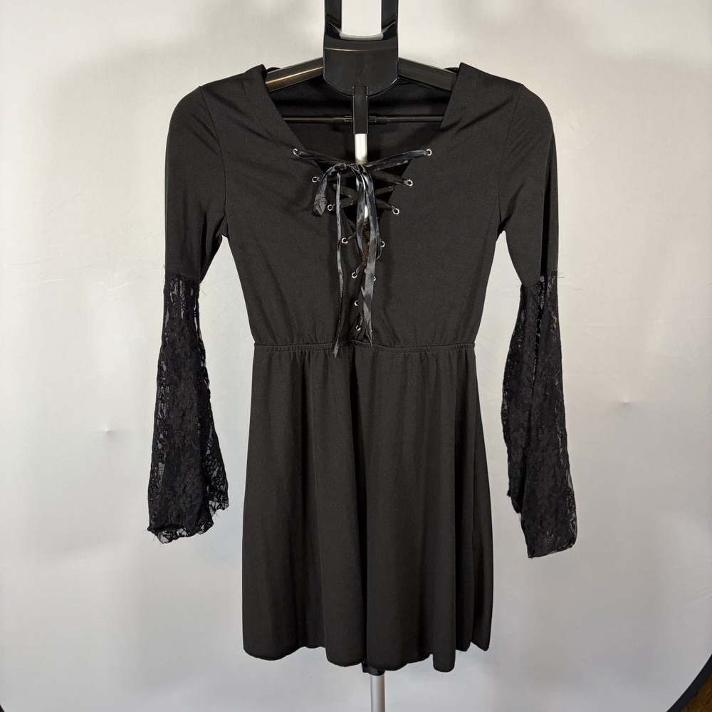 Women's Medium Corset Black Gothic Mini Dress Lace Sleeve Witchy Whimsigoth Sexy